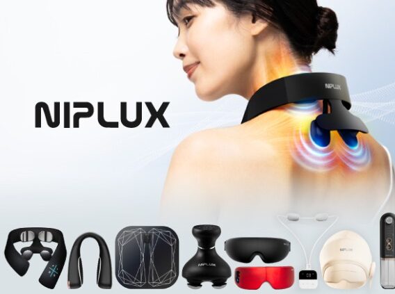 Woman wearing a NIPLUX neck massager on her shoulders; row of NIPLUX massage devices (various styles) displayed below.