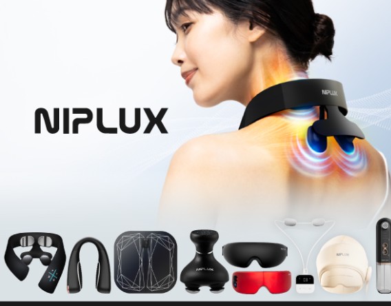 Woman wearing a NIPLUX neck massager on her shoulders; row of NIPLUX massage devices (various styles) displayed below.