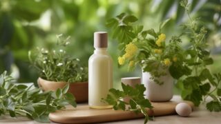 aestheticjourney-bottle-8429706 - ASUMILILIN Bottle of lotion or essential oil with a wooden cap set among fresh green herbs and plants on a wooden surface.