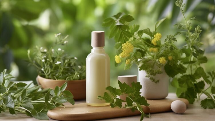 Bottle of lotion or essential oil with a wooden cap set among fresh green herbs and plants on a wooden surface.
