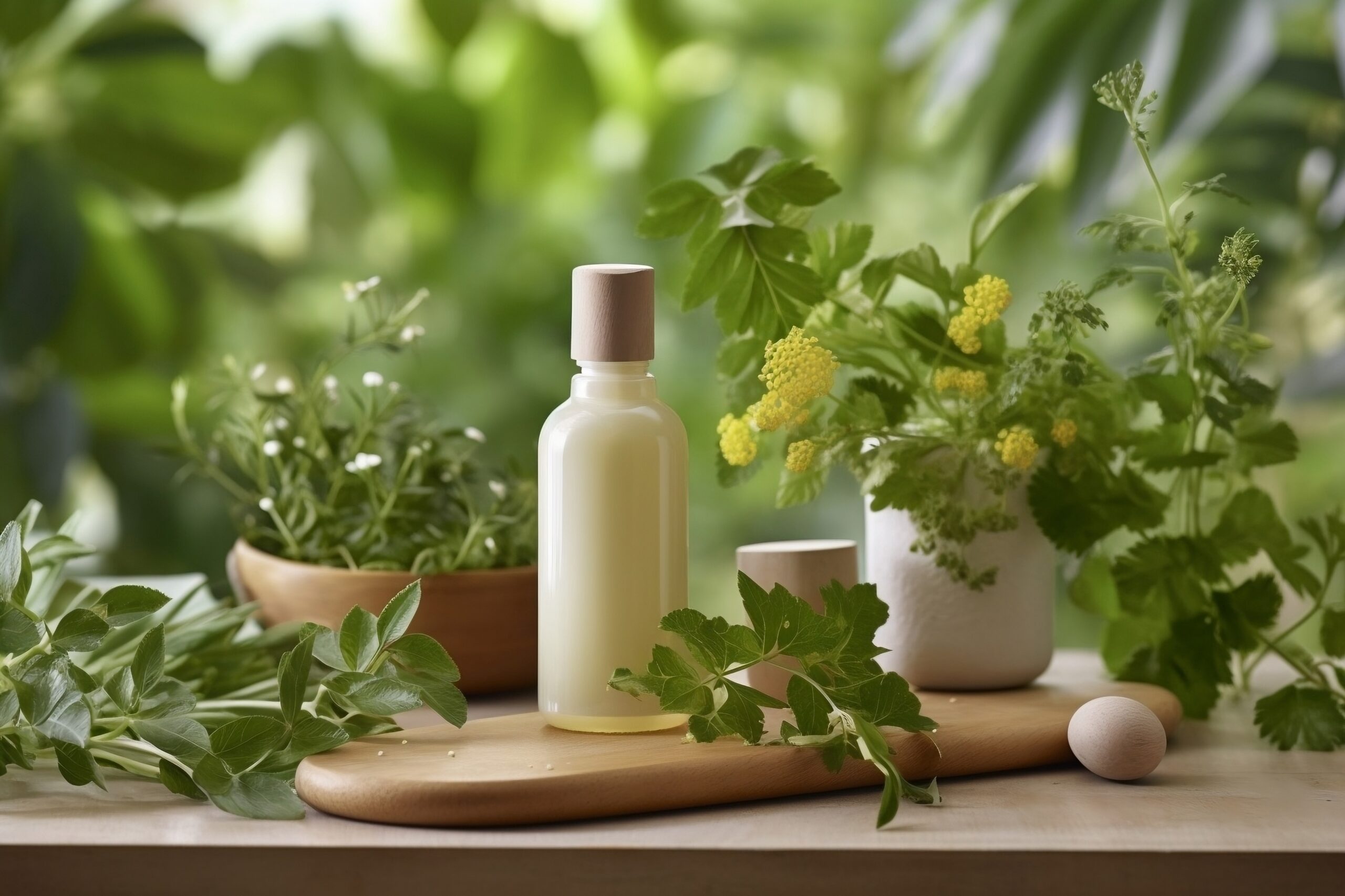 Bottle of lotion or essential oil with a wooden cap set among fresh green herbs and plants on a wooden surface.