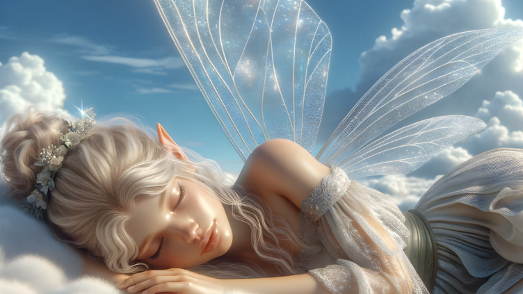 Two sleeping fairies lie on fluffy clouds, set against a bright blue sky with shimmering translucent butterfly wings folded around them.