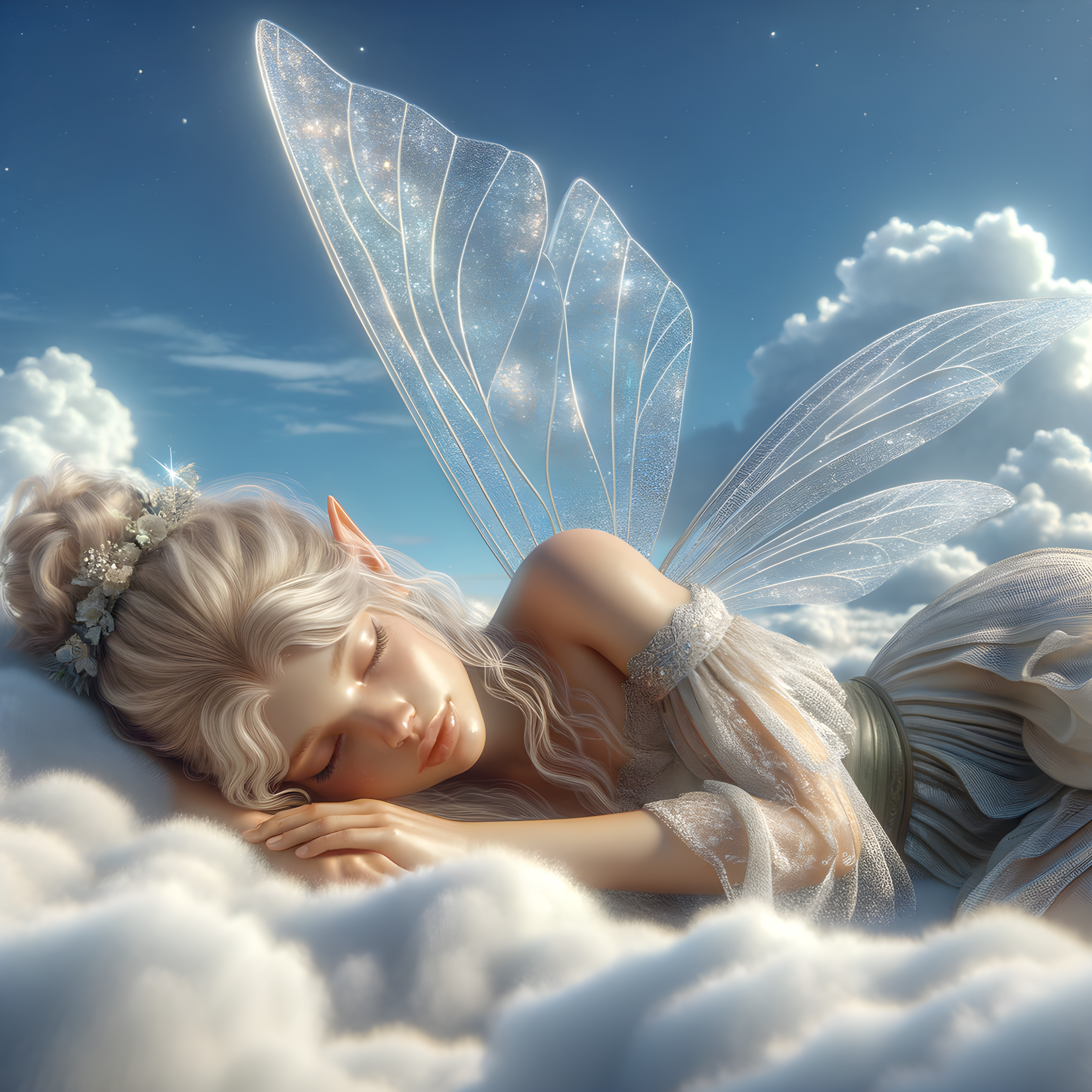 Two sleeping fairies lie on fluffy clouds, set against a bright blue sky with shimmering translucent butterfly wings folded around them.