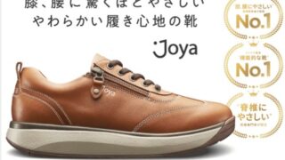 Brown leather Joya casual shoe with lace-up front and side zip, thick cushioned sole; plus three No.1 award badges shown on the right.