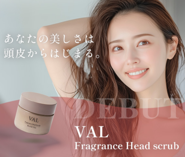 Advertisement featuring a smiling woman with long hair promoting VAL Fragrance Head Scrub; a jar of scalp scrub appears in the foreground.