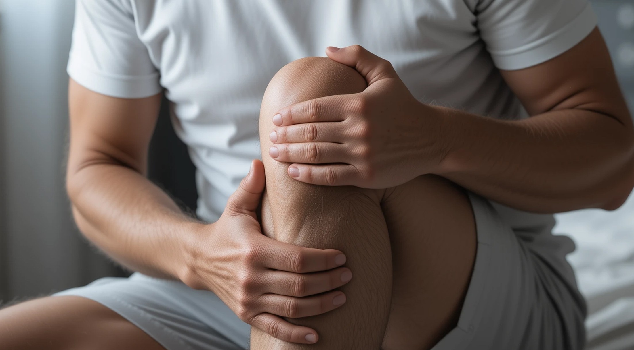 Close-up of a person in a white shirt holding their knee with both hands, suggesting knee pain.