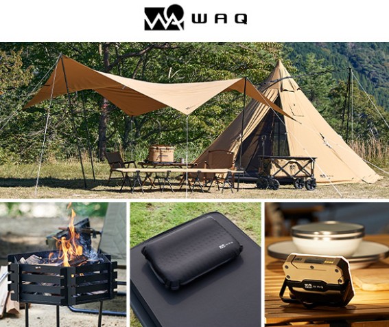 Collage of camping gear: tent with tarp shelter, table and chairs outdoors by trees, and a wagon and chest on a camping site.
