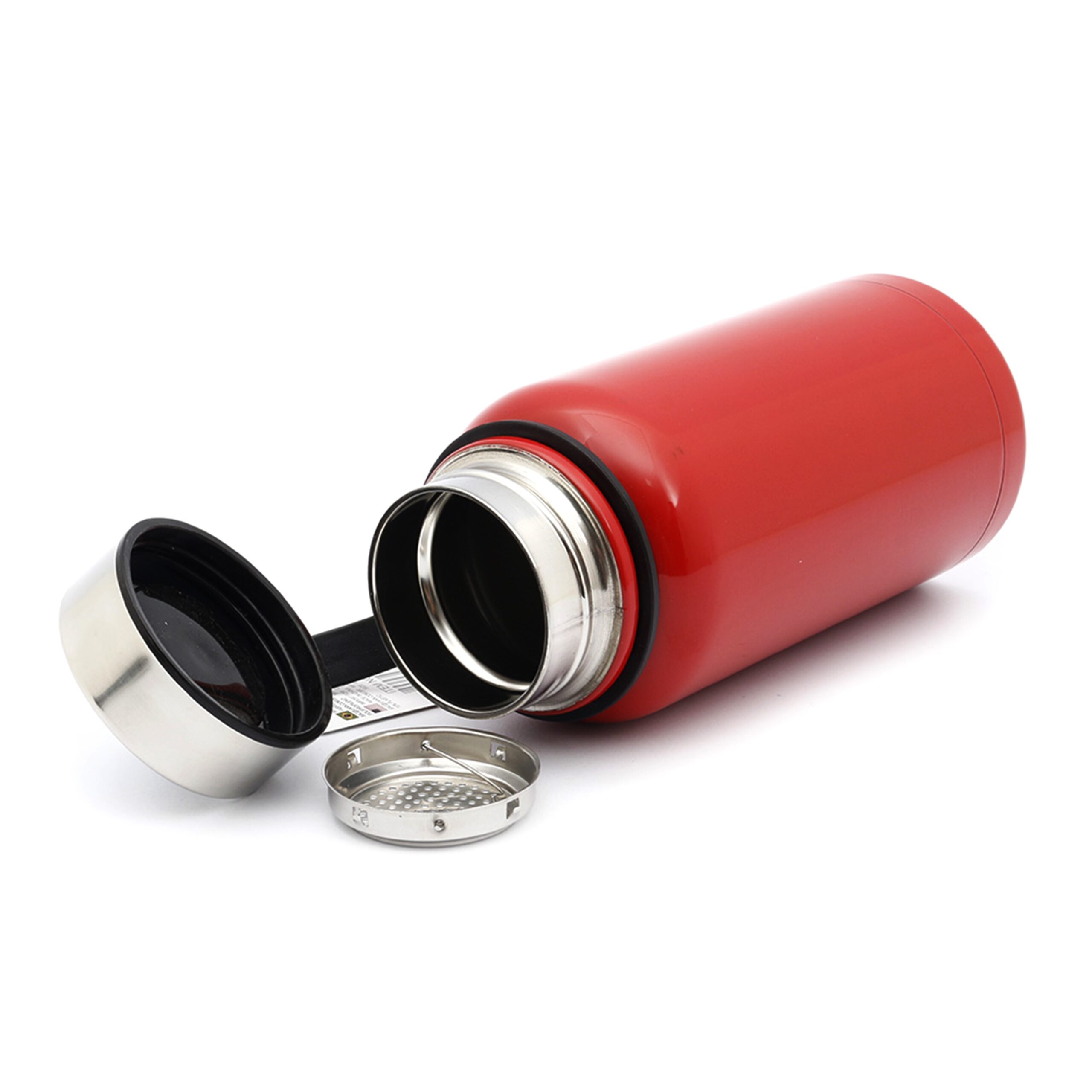 ballart-housewares-7305310 - ASUMILILIN Red stainless-steel thermos with its cap removed, showing the silver interior, lying on a white background with parts nearby.